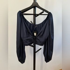 Navy satin cropped blouse size XL